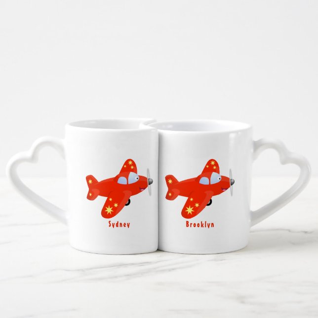 Cute red airplane flying cartoon illustration coffee mug set (Back Nesting)