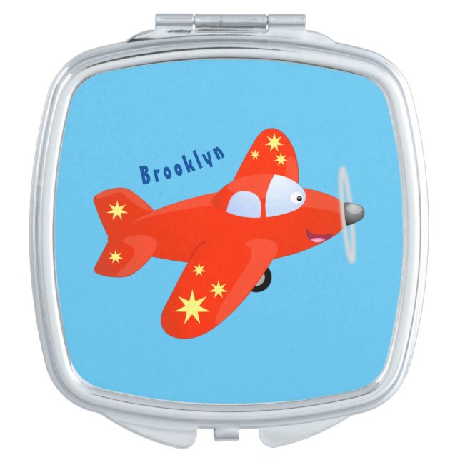 Cute red airplane flying cartoon illustration compact mirror (Front)