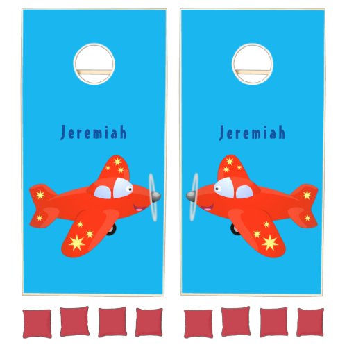 Cute red airplane flying cartoon illustration cornhole set