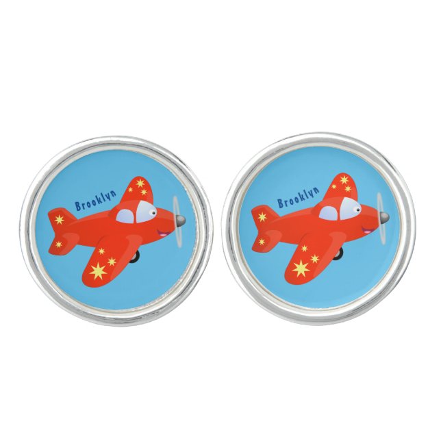 Cute red airplane flying cartoon illustration cufflinks (Front)