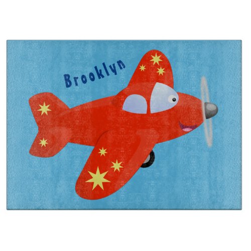 Cute red airplane flying cartoon illustration cutting board