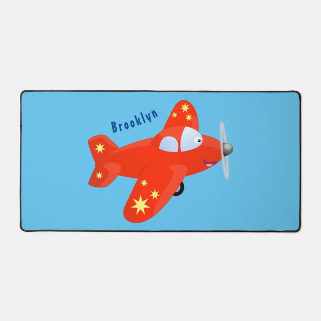 Cute red airplane flying cartoon illustration desk mat (Front)