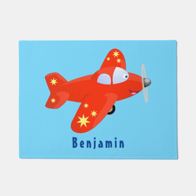 Cute red airplane flying cartoon illustration doormat (Front)
