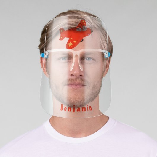 Cute red airplane flying cartoon illustration face shield (Insitu)