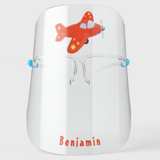Cute red airplane flying cartoon illustration face shield (Front)