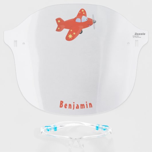 Cute red airplane flying cartoon illustration face shield (Front w/Glasses)