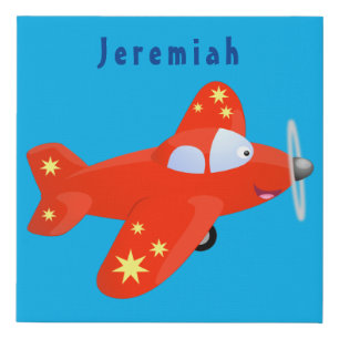 Cute red airplane flying cartoon illustration faux canvas print
