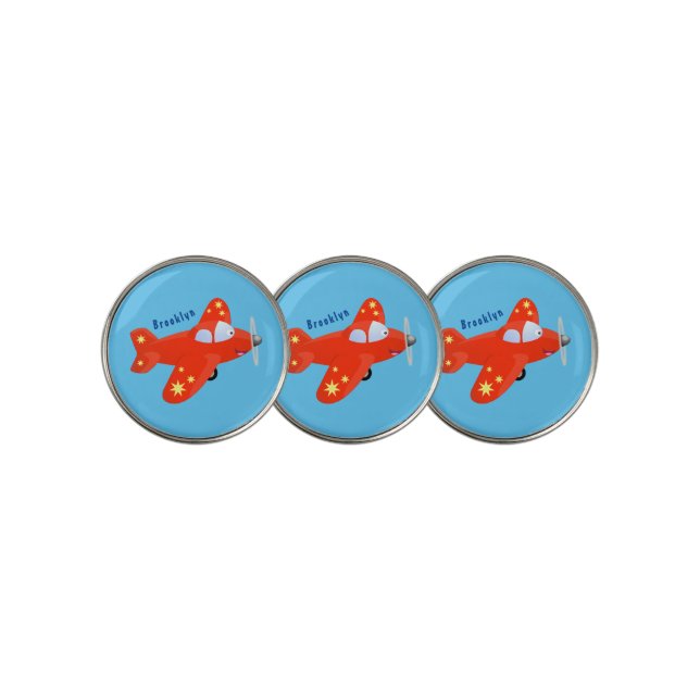 Cute red airplane flying cartoon illustration golf ball marker (3 Up)