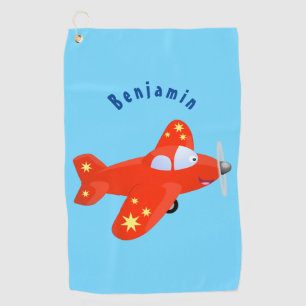 Cute red airplane flying cartoon illustration golf towel