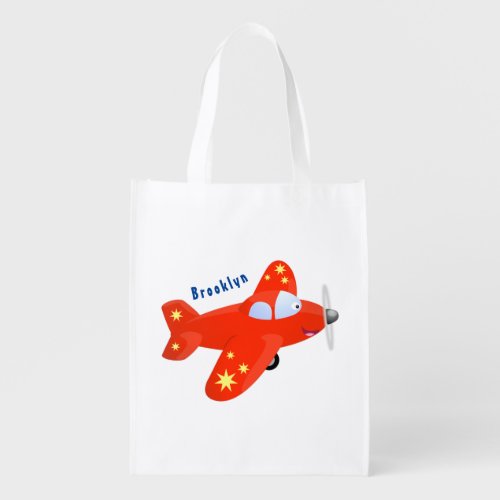 Cute red airplane flying cartoon illustration grocery bag