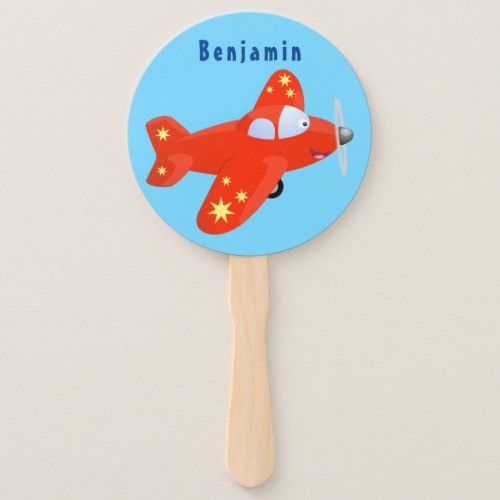 Cute red airplane flying cartoon illustration  hand fan