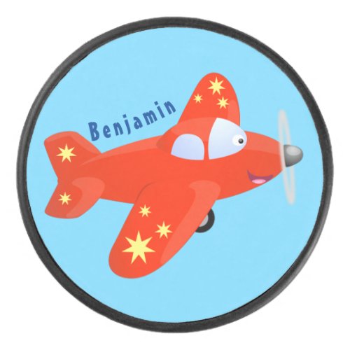 Cute red airplane flying cartoon illustration hockey puck