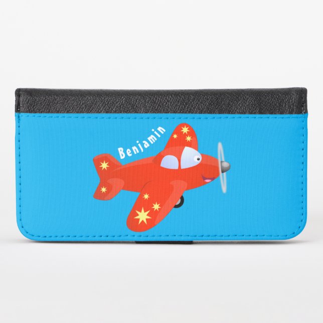 Cute red airplane flying cartoon illustration iPhone wallet case (Front (Horizontal))