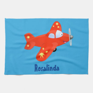 Cute red airplane flying cartoon illustration kitchen towel