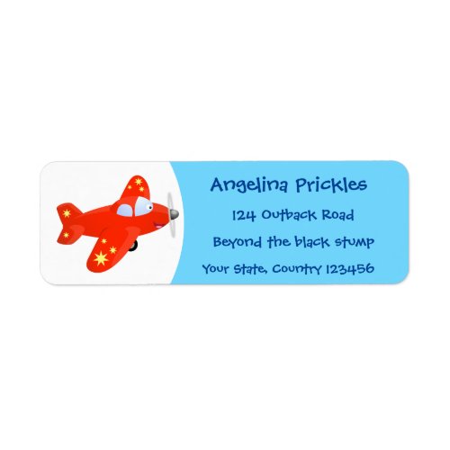 Cute red airplane flying cartoon illustration label