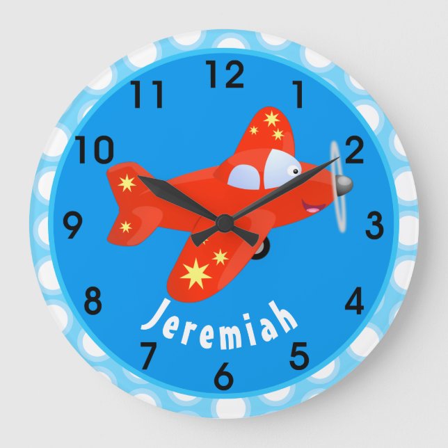 Cute red airplane flying cartoon illustration large clock (Front)
