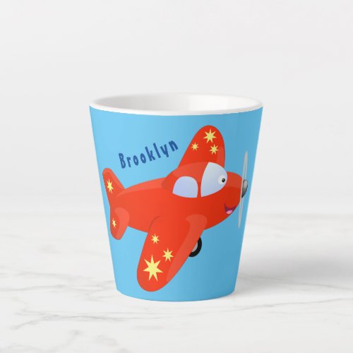 Cute red airplane flying cartoon illustration latte mug