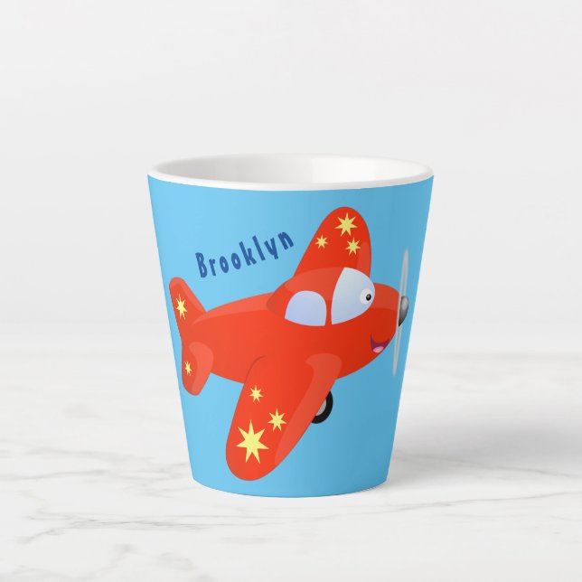 Cute red airplane flying cartoon illustration latte mug (Front)