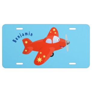 Cute red airplane flying cartoon illustration license plate