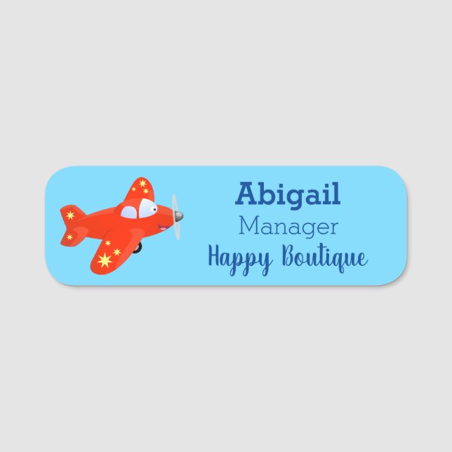 Cute red airplane flying cartoon illustration  name tag (Front)