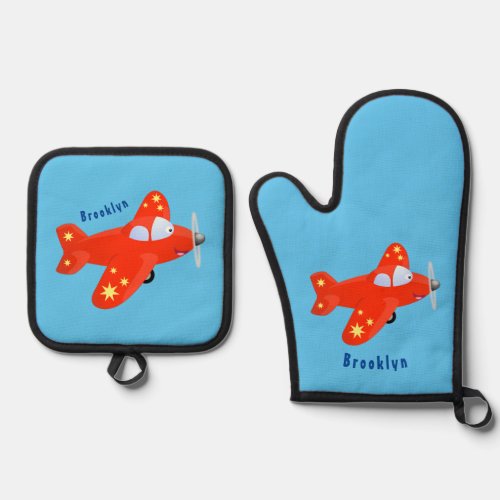 Cute red airplane flying cartoon illustration oven mitt  pot holder set