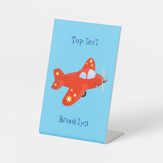 Cute red airplane flying cartoon illustration pedestal sign (Front)