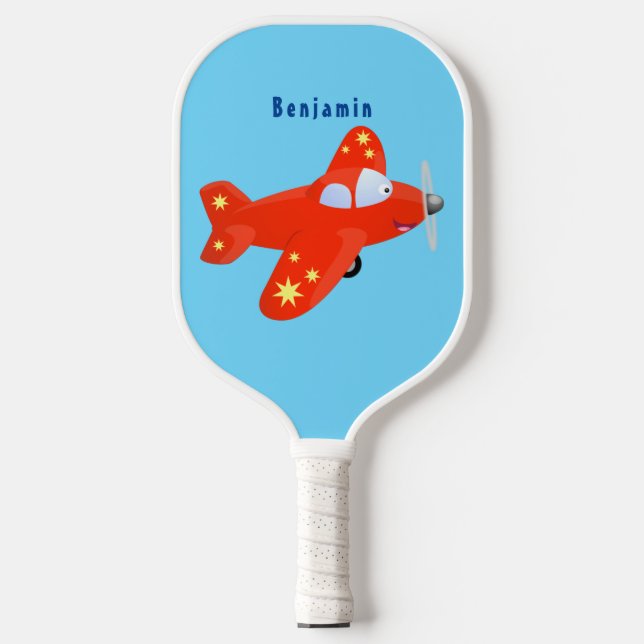 Cute red airplane flying cartoon illustration  pickleball paddle (Front)
