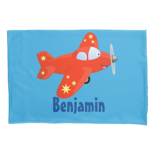 Cute red airplane flying cartoon illustration pillow case (Front)