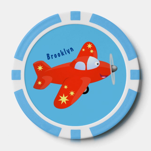 Cute red airplane flying cartoon illustration poker chips (Front)