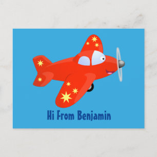 Cute red airplane flying cartoon illustration postcard