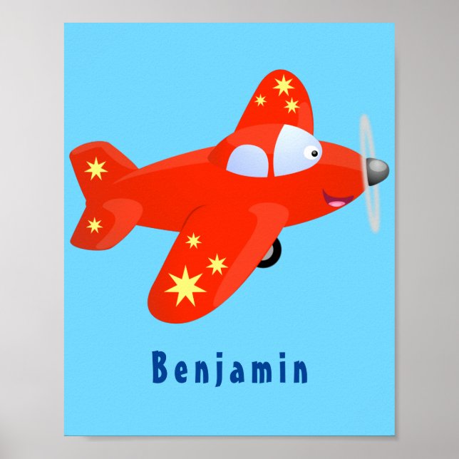 Cute red airplane flying cartoon illustration poster (Front)