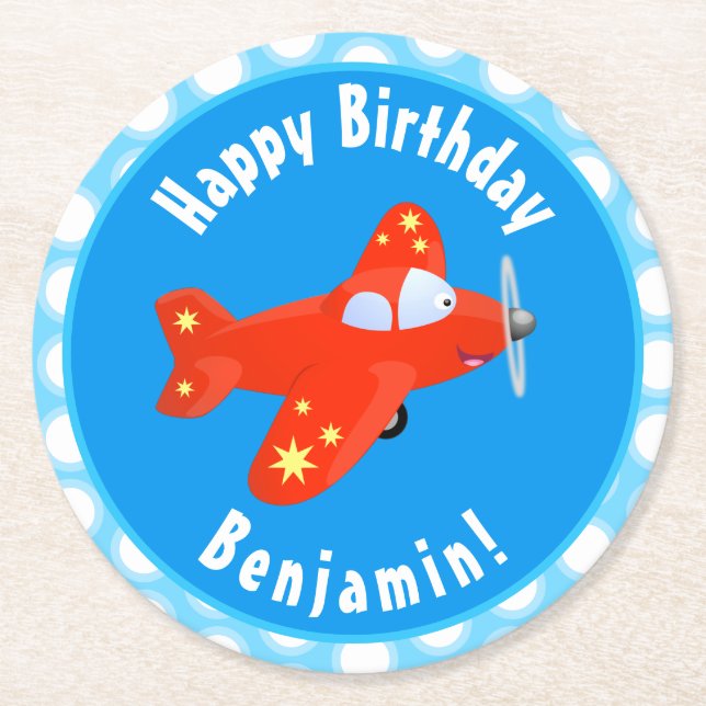 Cute red airplane flying cartoon illustration round paper coaster (Front)