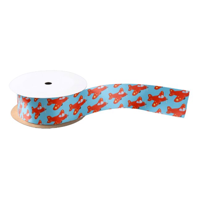 Cute red airplane flying cartoon illustration satin ribbon (Spool)