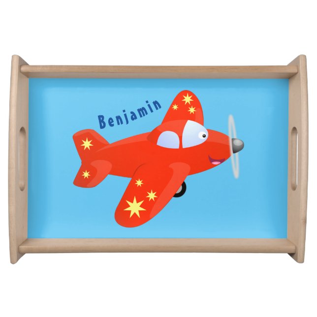 Cute red airplane flying cartoon illustration serving tray (Front)