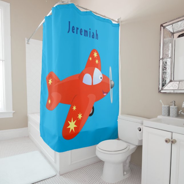 Cute red airplane flying cartoon illustration shower curtain (In Situ)