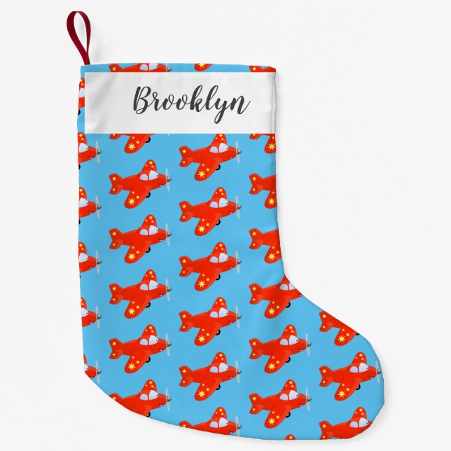 Cute red airplane flying cartoon illustration small christmas stocking (Front)