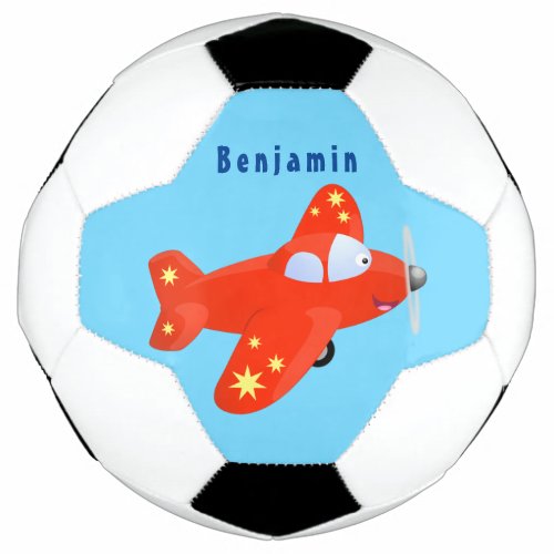 Cute red airplane flying cartoon illustration soccer ball