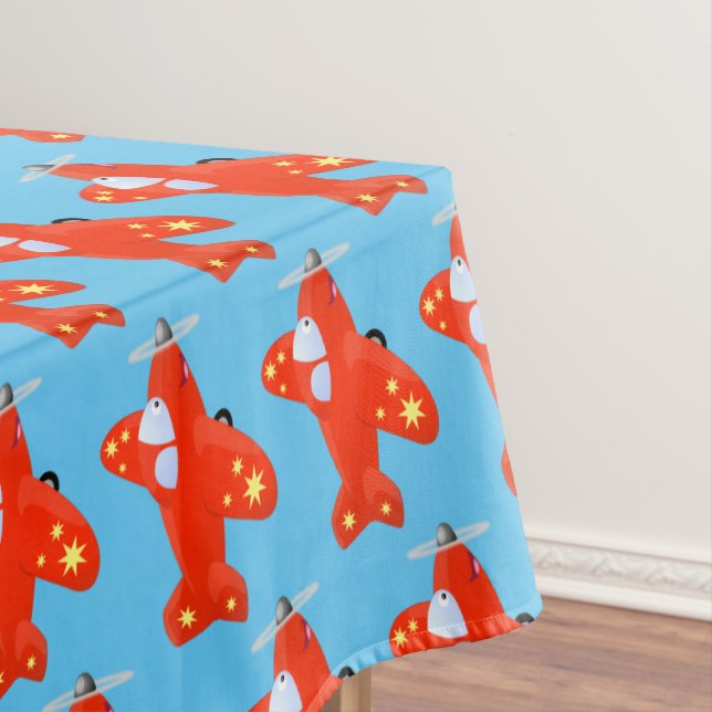 Cute red airplane flying cartoon illustration tablecloth (In Situ)