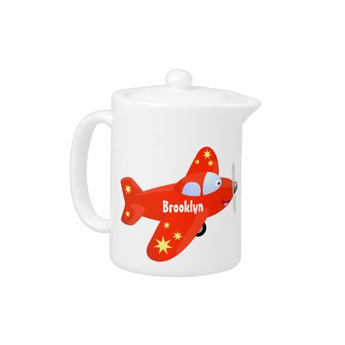 Cute red airplane flying cartoon illustration teapot