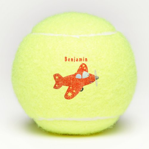 Cute red airplane flying cartoon illustration tennis balls