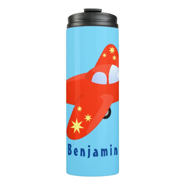 Cute red airplane flying cartoon illustration thermal tumbler (Front)