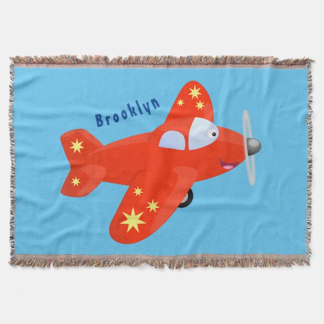 Cute red airplane flying cartoon illustration throw blanket (Front)