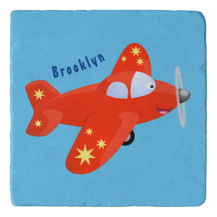 Cute red airplane flying cartoon illustration trivet