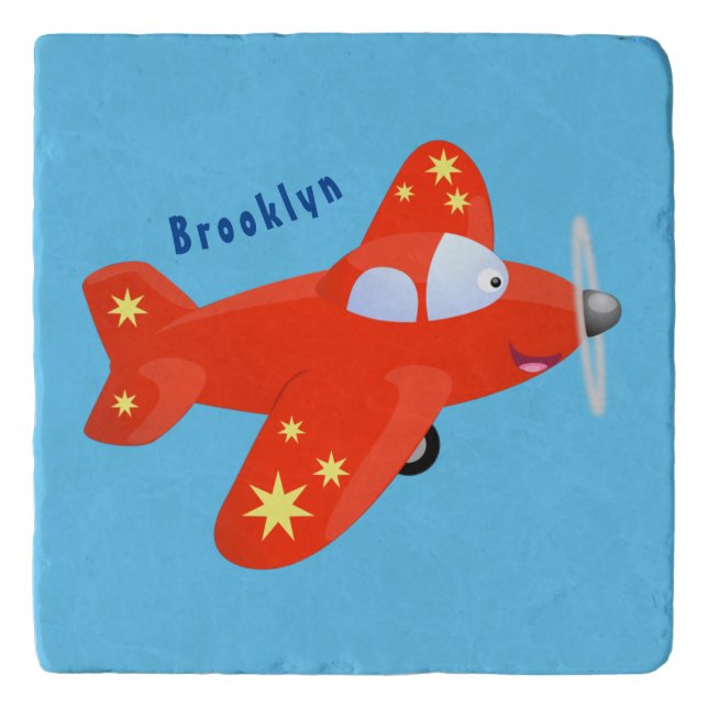 Cute red airplane flying cartoon illustration trivet (Front)