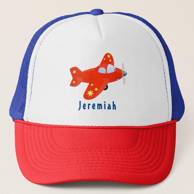 Cute red airplane flying cartoon illustration trucker hat (Front)