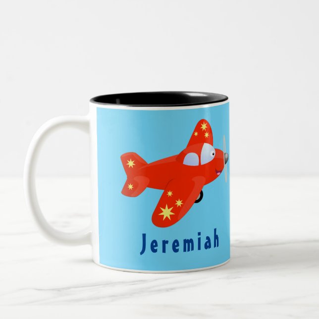 Cute red airplane flying cartoon illustration Two-Tone coffee mug (Left)