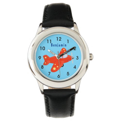 Cute red airplane flying cartoon illustration  watch