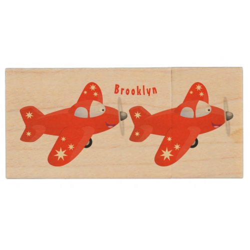 Cute red airplane flying cartoon illustration wood flash drive