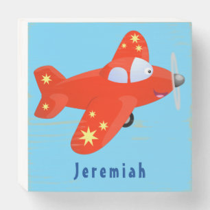 Cute red airplane flying cartoon illustration wooden box sign