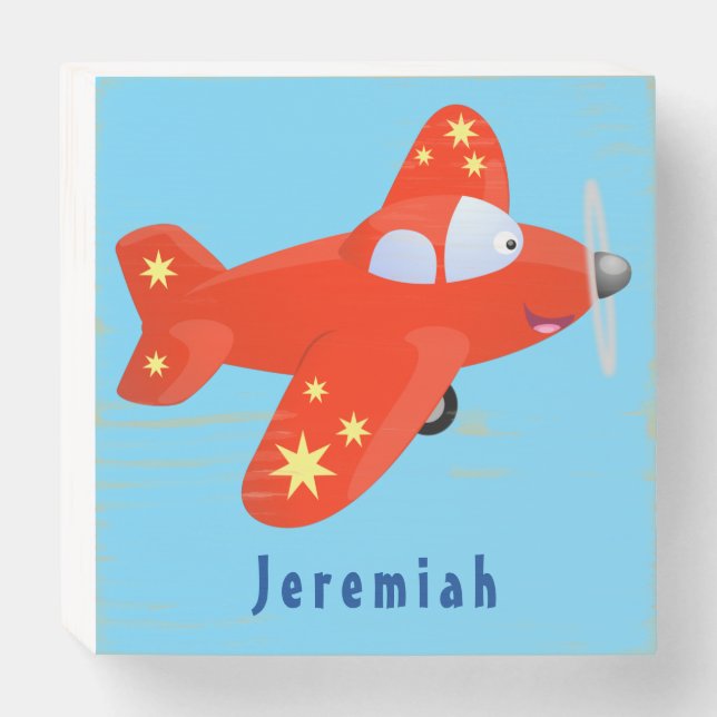 Cute red airplane flying cartoon illustration wooden box sign (Front Horizontal)